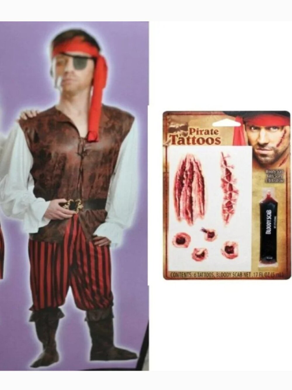 Pirate & Makeup Tattoos Halloween Costume 6 Pc Shirt Pants Belt Patch Mens OS